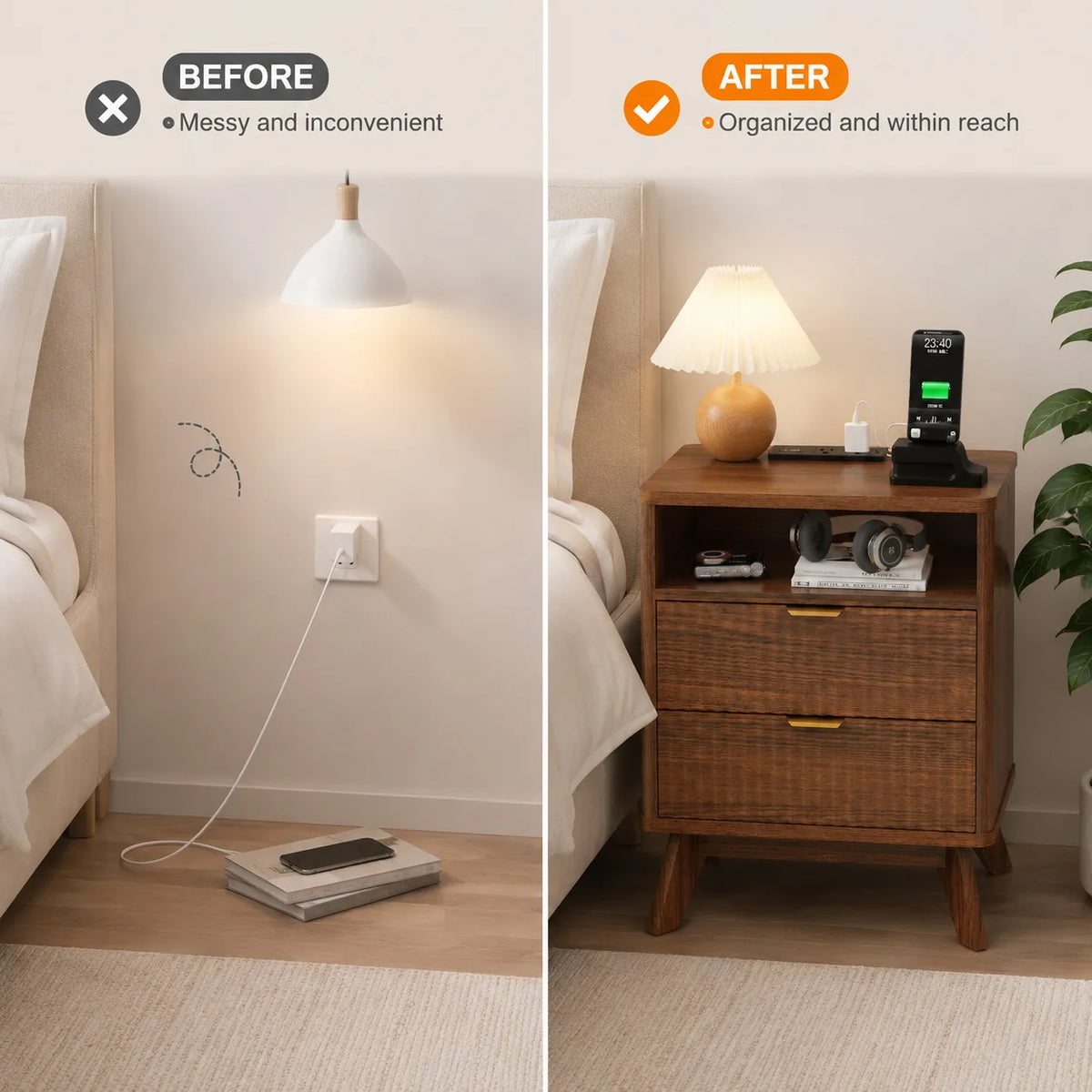 ANIXOL Fluted Wood Nightstand with Drawer and USB Charging Station