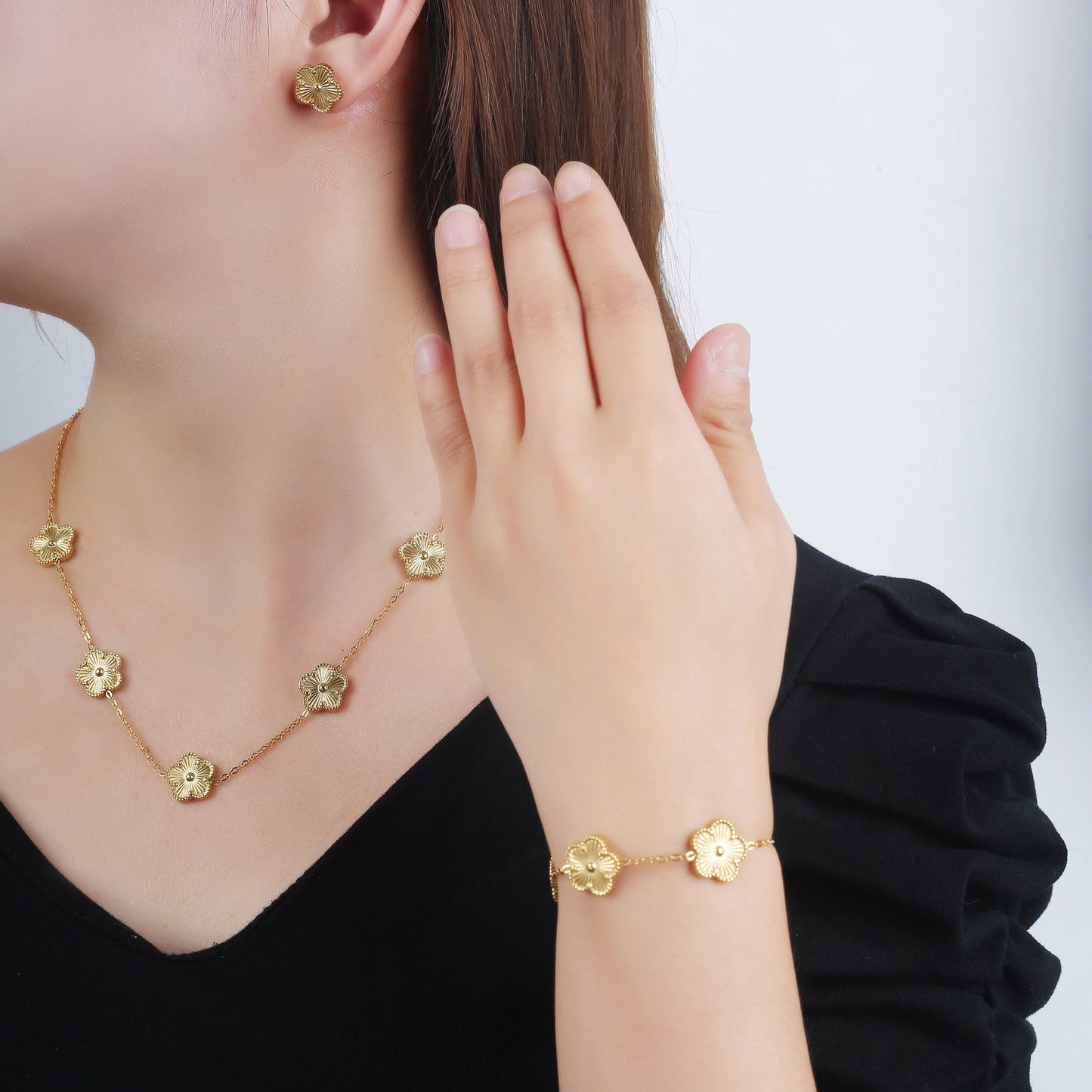 316L Stainless Steel Five Leaf Clover Jewelry Set Gold Plated