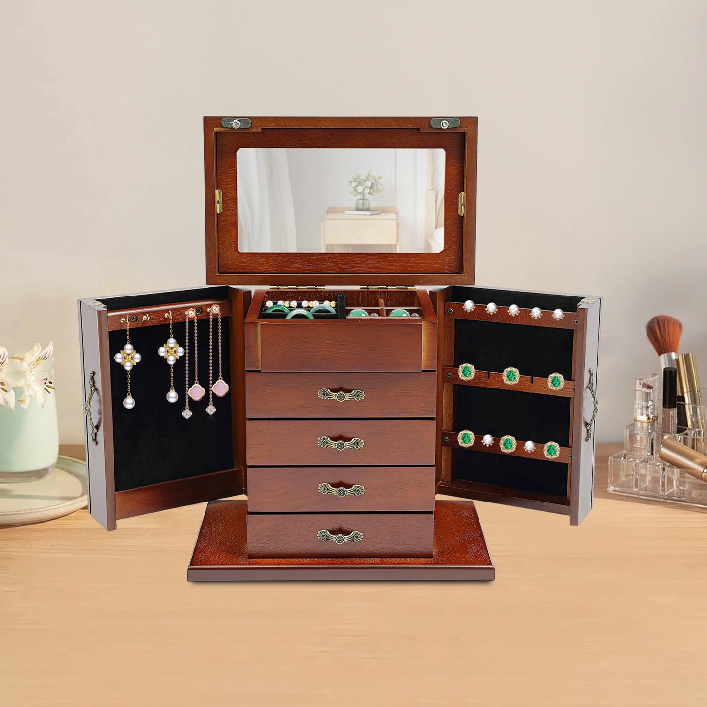 NONECN Five Tier Four Drawer Wooden Jewelry Box With Mirror