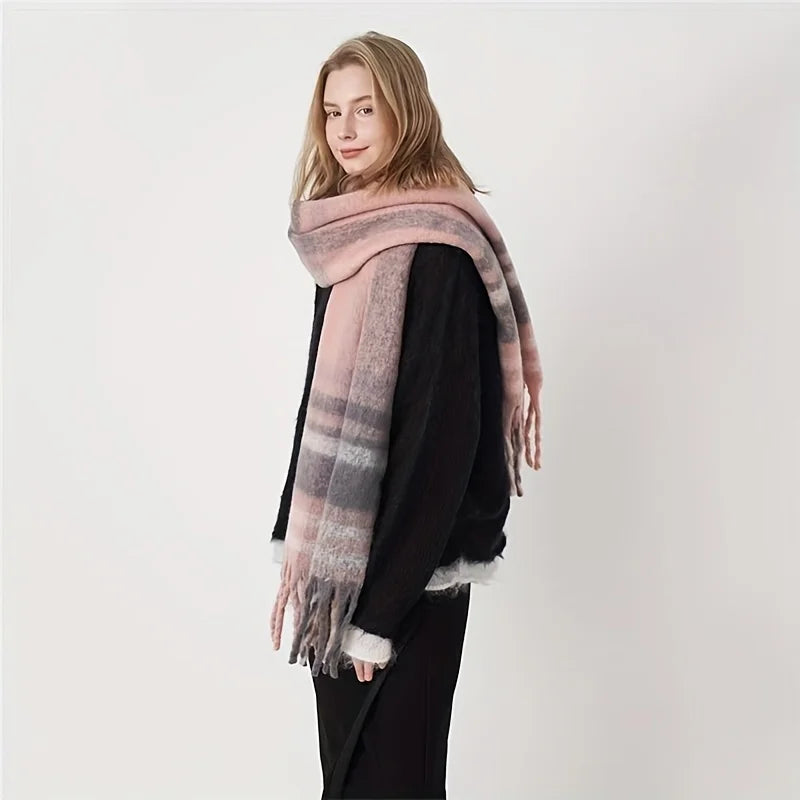 Boho Plaid Tassel Chunky Knit Scarf Shawl Neck Warmer