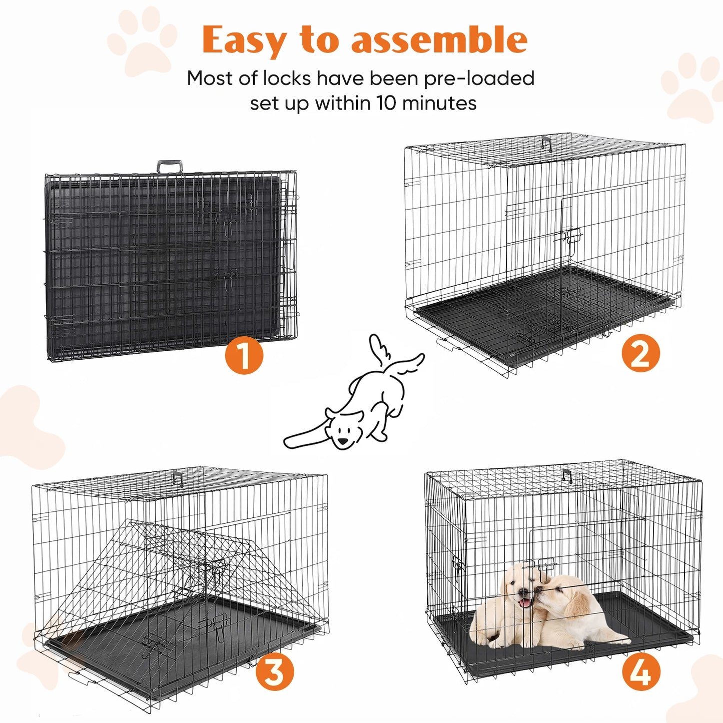 JHK Folding Metal Dog Cage With Double Doors And Pan