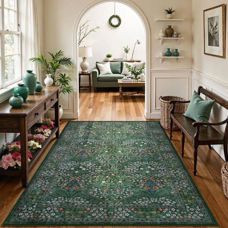 CozyNest Floral Washable Rugs 5x7 - Soft Green Boho Non Slip Low Pile Stain Resistant Carpet