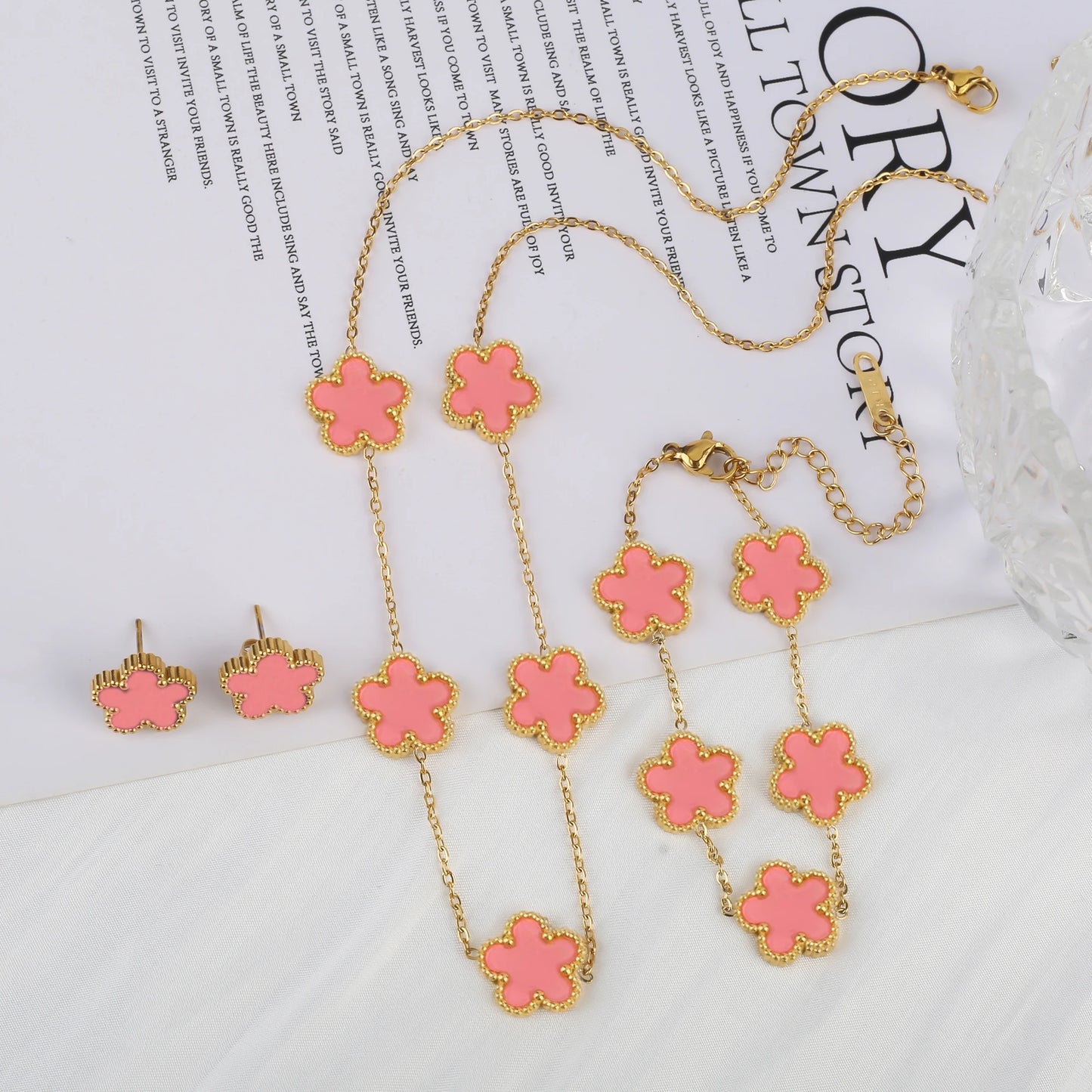 316L Stainless Steel Five Leaf Clover Jewelry Set Gold Plated