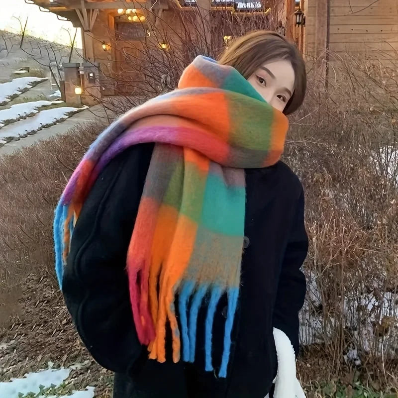 Boho Plaid Tassel Chunky Knit Scarf Shawl Neck Warmer