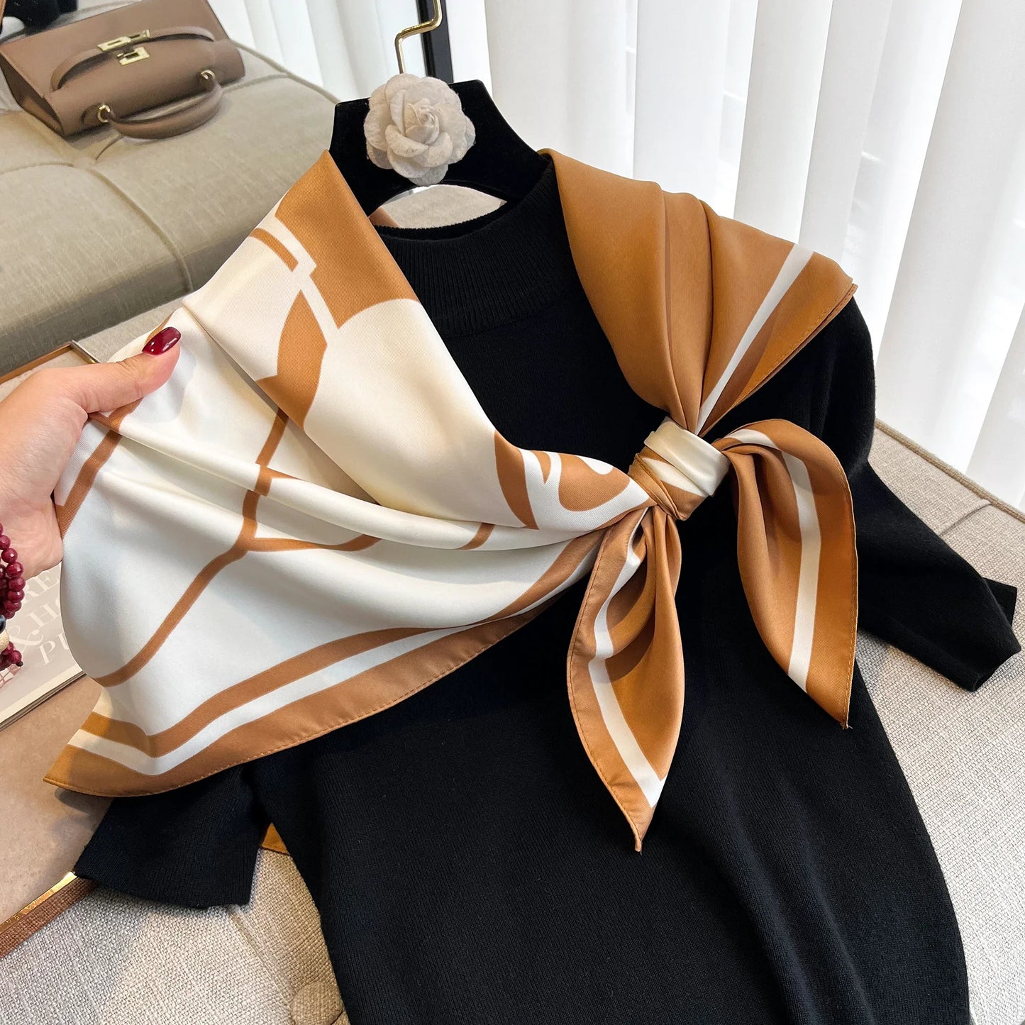 Fashion Floral Print Satin Twill Square Scarf For Women Neck Tie Bandana