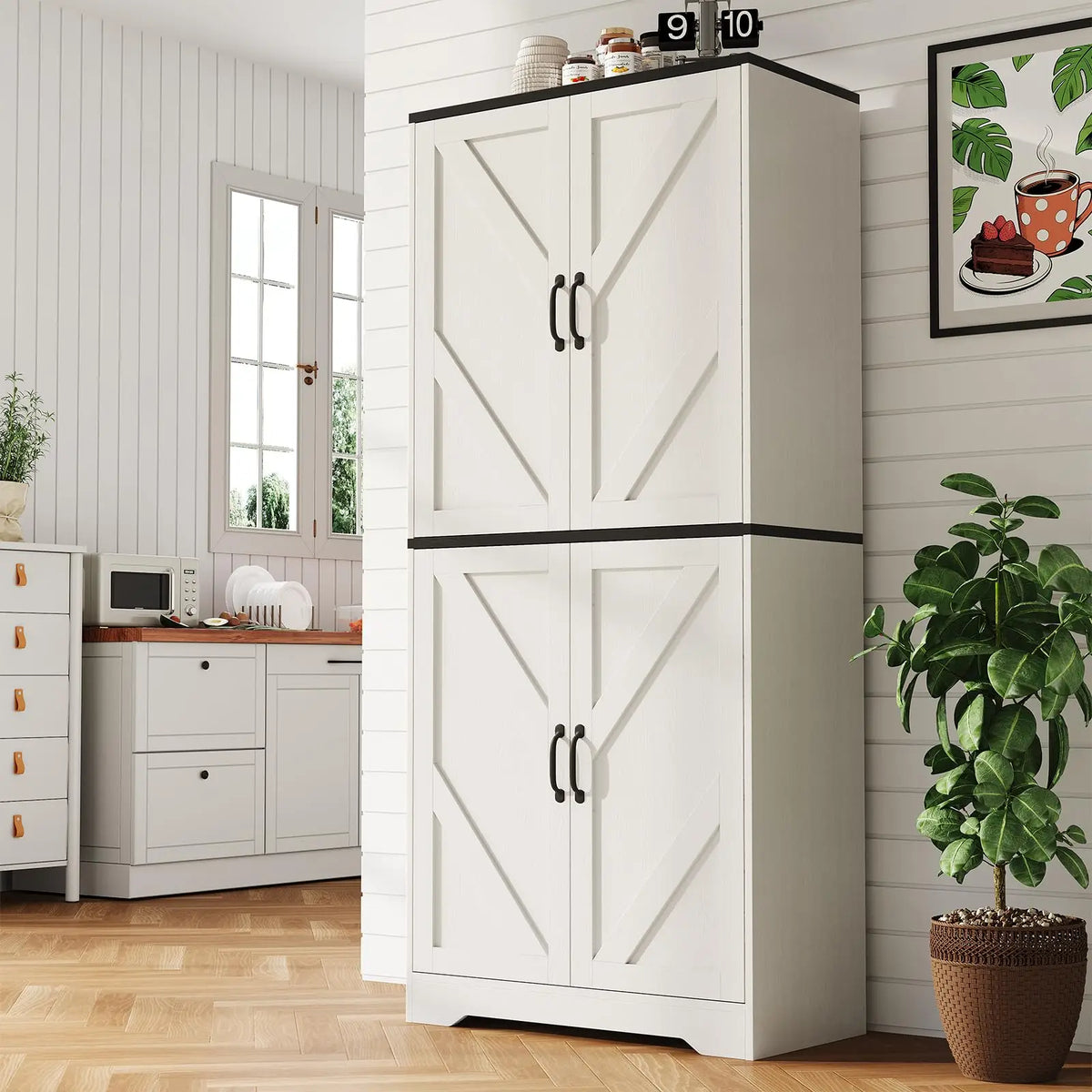 Farmhouse Kitchen Pantry Cabinet With Charging Station Drawer And Shelves