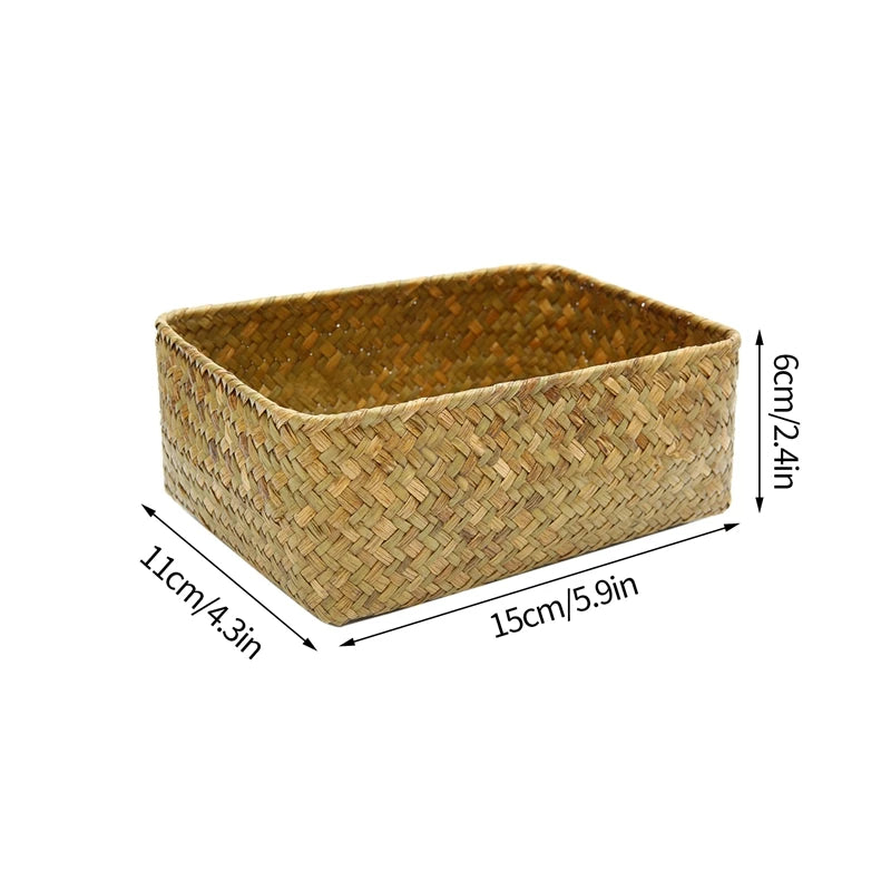 Woven Seagrass Wicker Storage Basket Rectangular Rattan Organizer Sundries