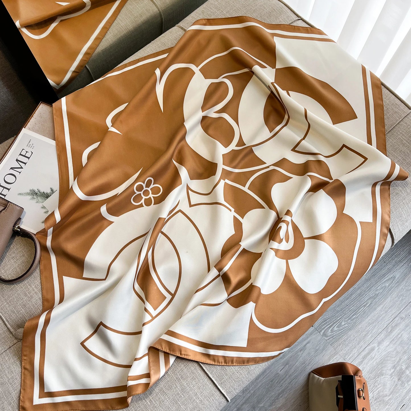 Fashion Floral Print Satin Twill Square Scarf For Women Neck Tie Bandana