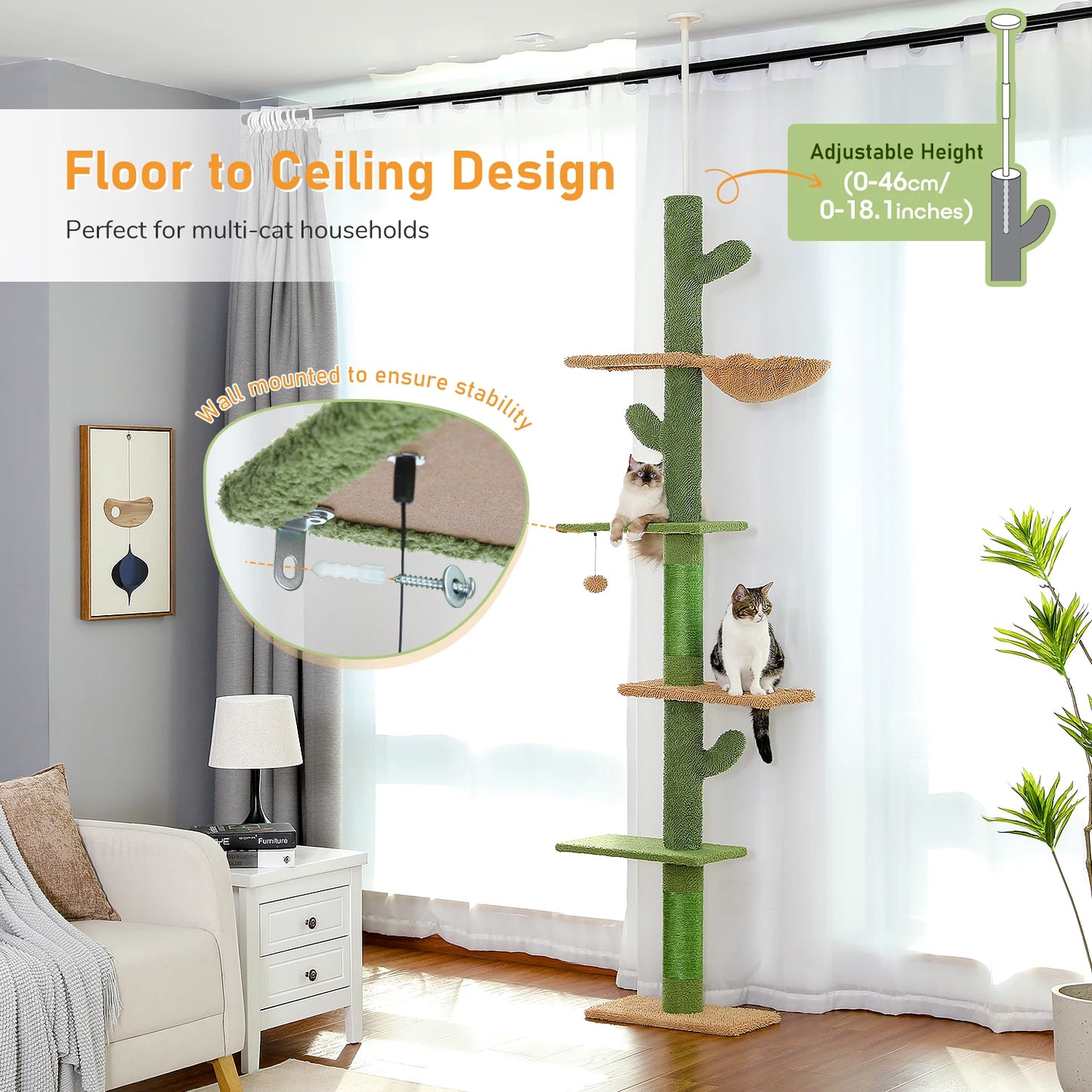 PAWZ Road Cat Tree 5-Tier Floor to Ceiling Cactus Tower