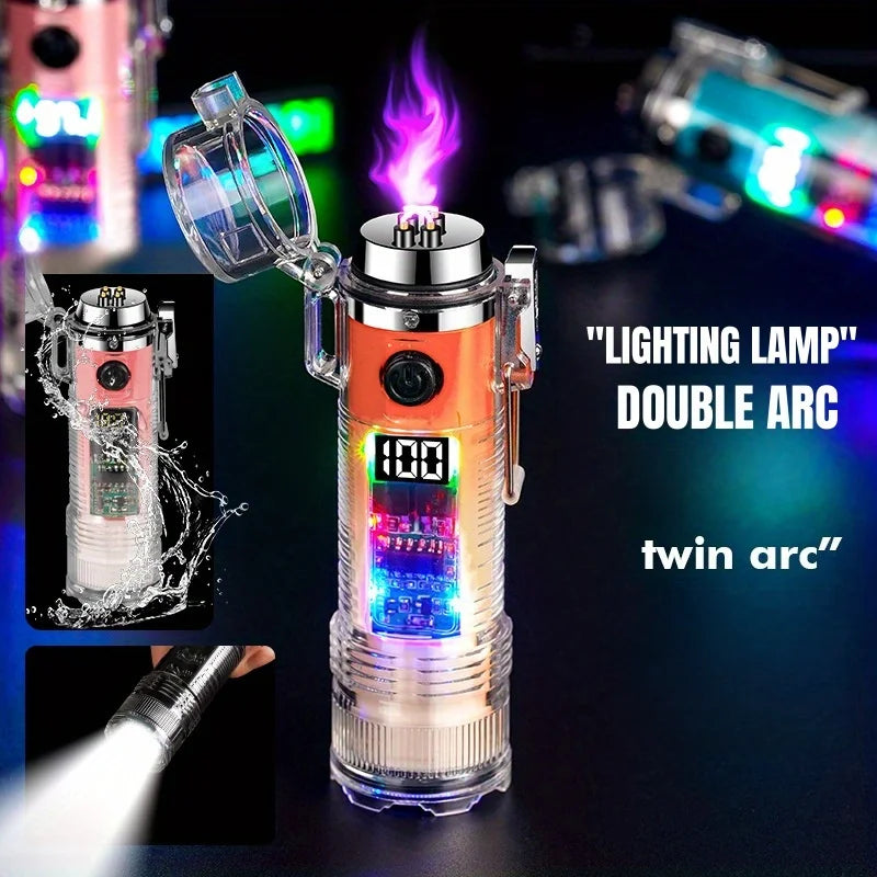 TopFlames Transparent Cylindrical Arc Plasma Lighter With Flashlight TypeC
