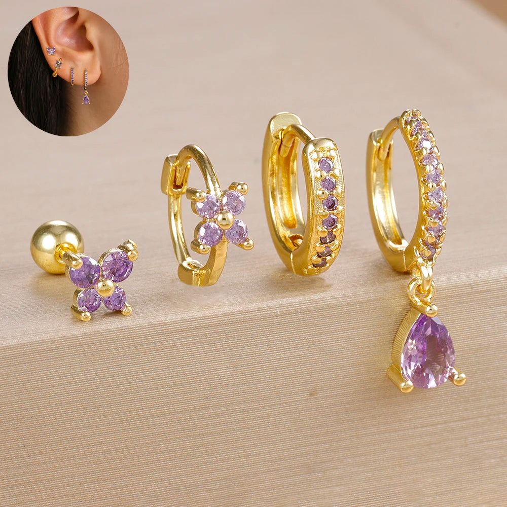 Korean Stainless Steel Zircon Water Drop Earrings Set for Women