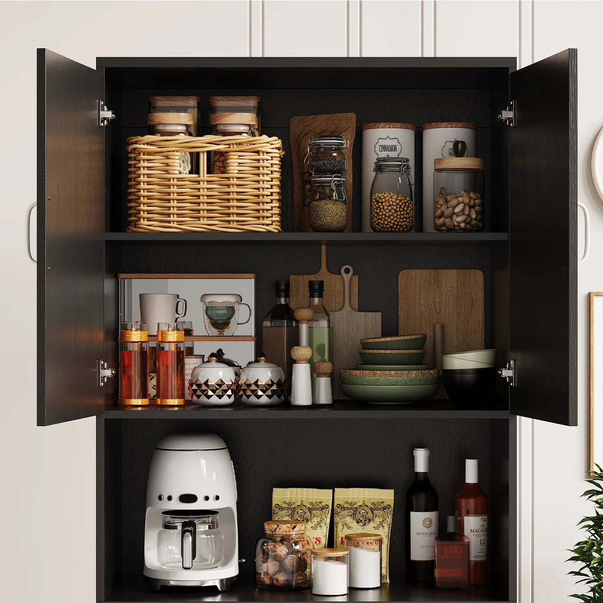 Farmhouse Kitchen Pantry Cabinet With Charging Station Drawer And Shelves