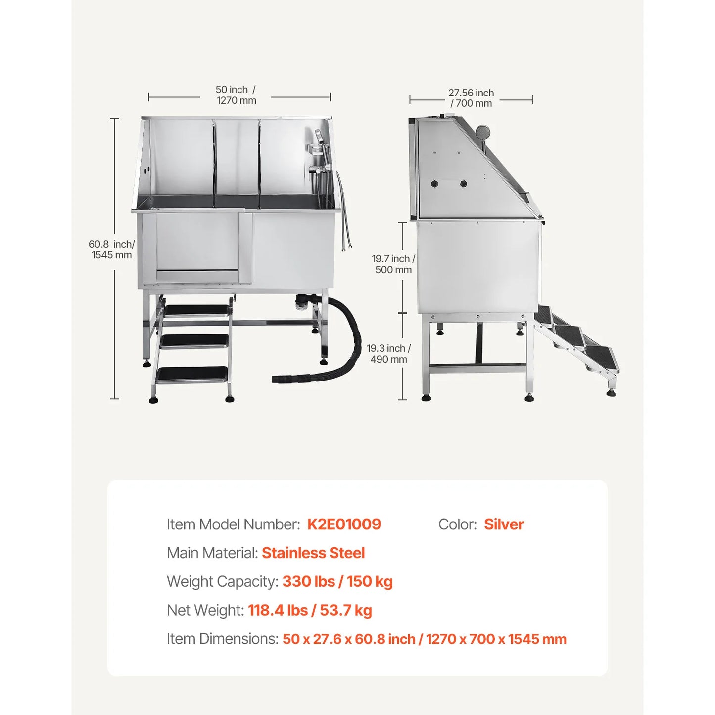 Stainless Steel Dog Washing Station With Ramp And Showerhead