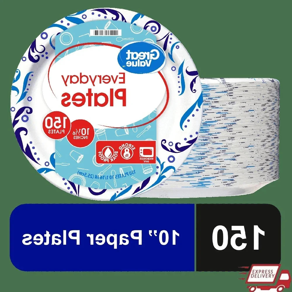 Everyday Disposable Paper Plates 150 Count Soak Proof Microwave Safe