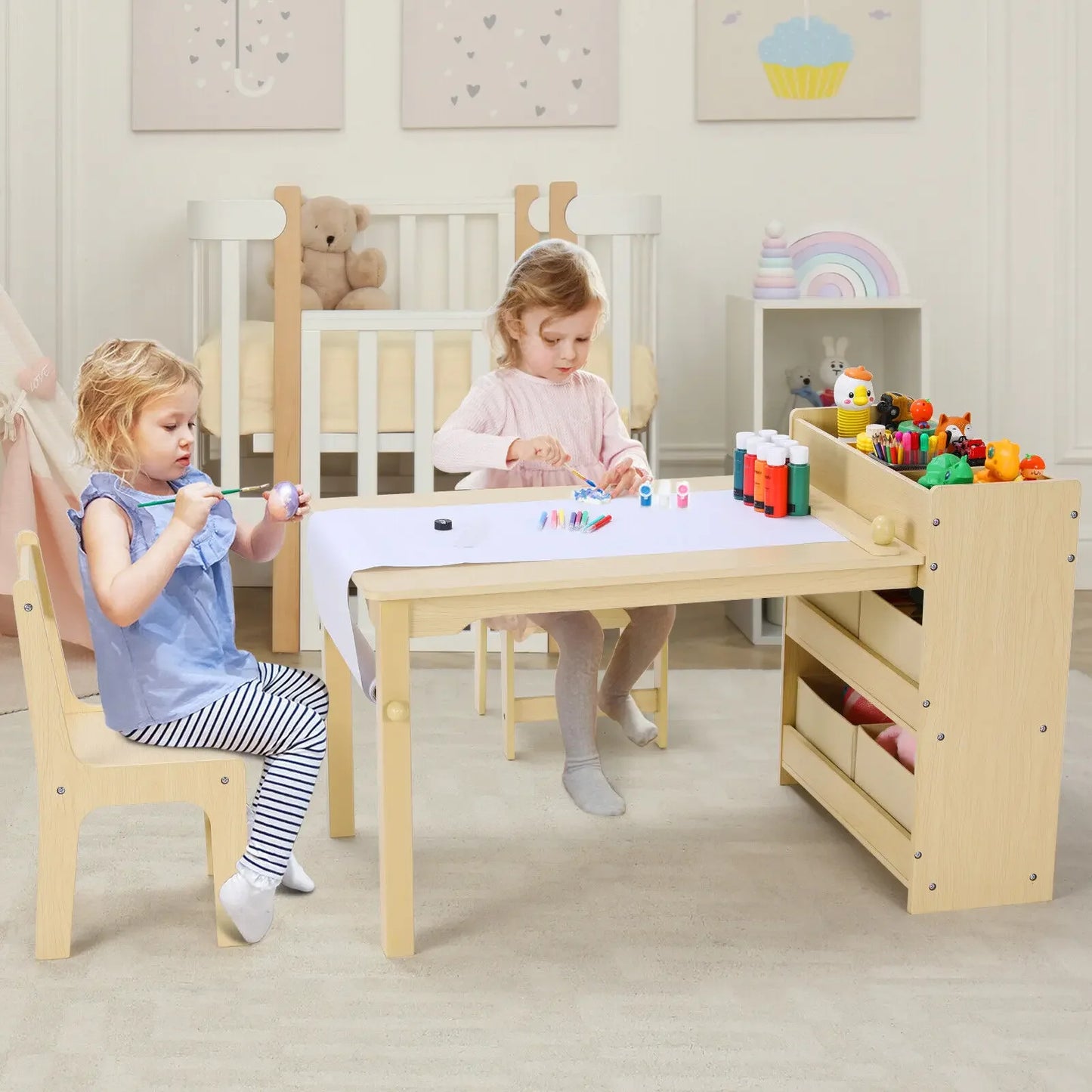 AuAg Kids Art Table and Chair Set With Storage Shelves and Bins