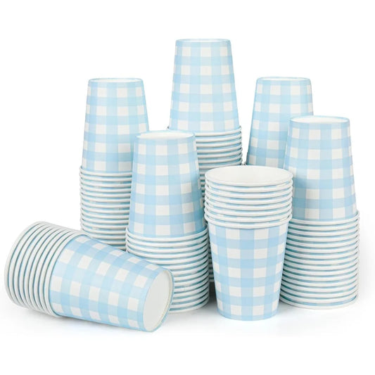 120pcs 9oz Blue Gingham Plaid Disposable Paper Drinking Cups for Wedding Birthday Celebration Baby Shower Fiesta Picnic Decorat