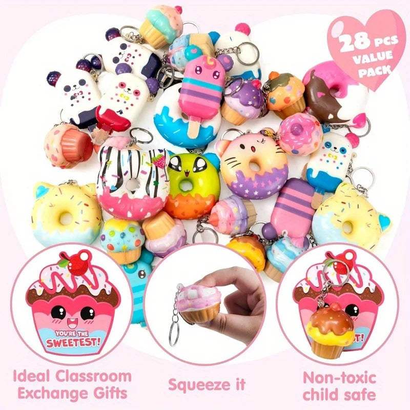 JOYFY 28 Pack Dessert squishy toys Stress Relief Keychains with Cards for Valentine’s Greeting Cards Party Favors Exchange Prize