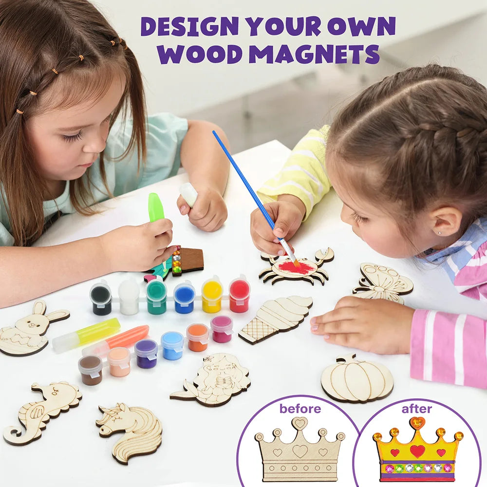 Wooden Magnet Craft Kit With Glow Paints And Gem Stickers