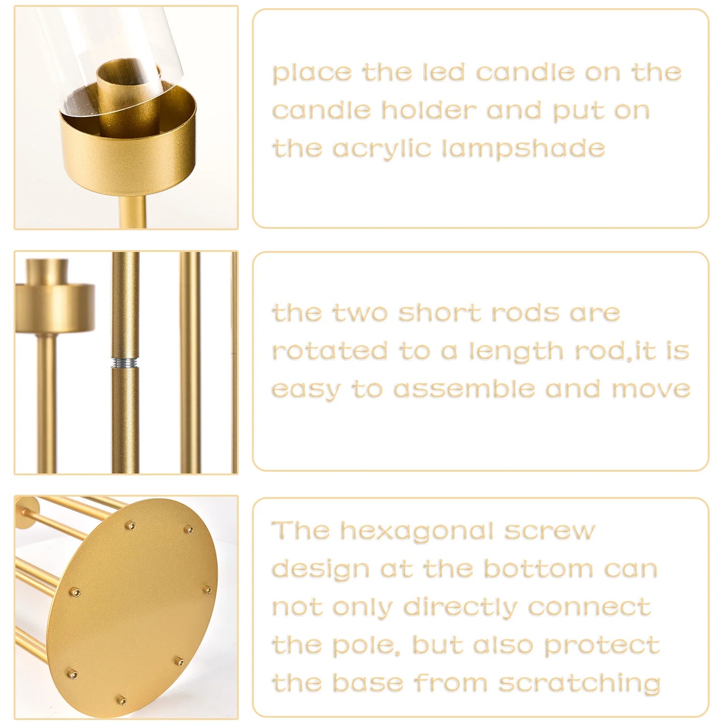 4Sets 7 Arms Floor Candelabra Wedding Centerpieces Gold 48" Tall Metal Candlestick Holders with Acrylic Removable Lampshade