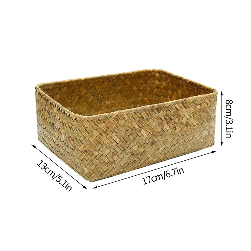 Woven Seagrass Wicker Storage Basket Rectangular Rattan Organizer Sundries
