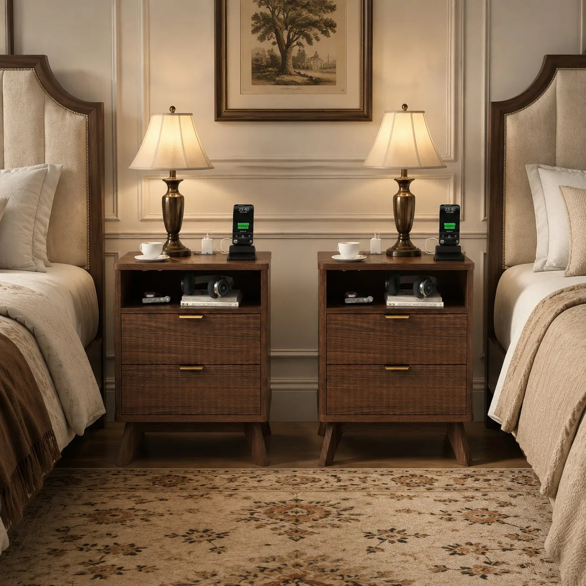 ANIXOL Fluted Wood Nightstand with Drawer and USB Charging Station