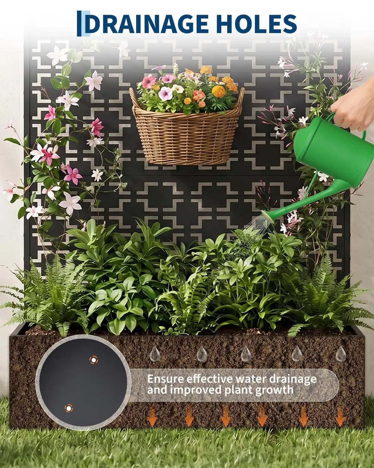 HiMISS Metal Raised Planter Box With Trellis Drainage Holes