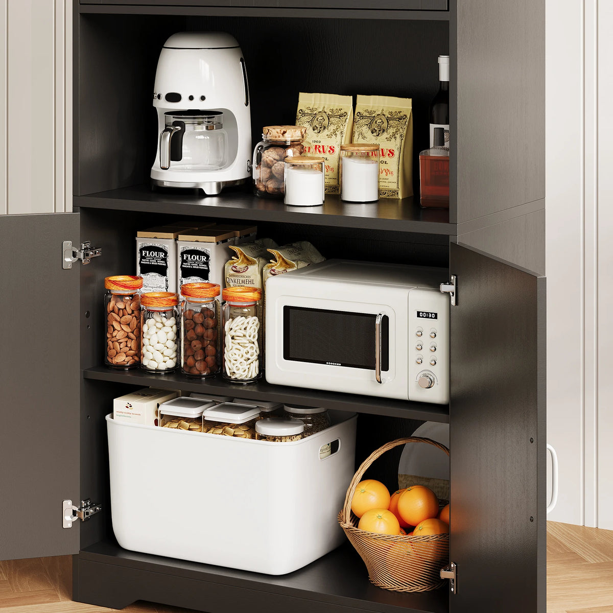 Farmhouse Kitchen Pantry Cabinet With Charging Station Drawer And Shelves