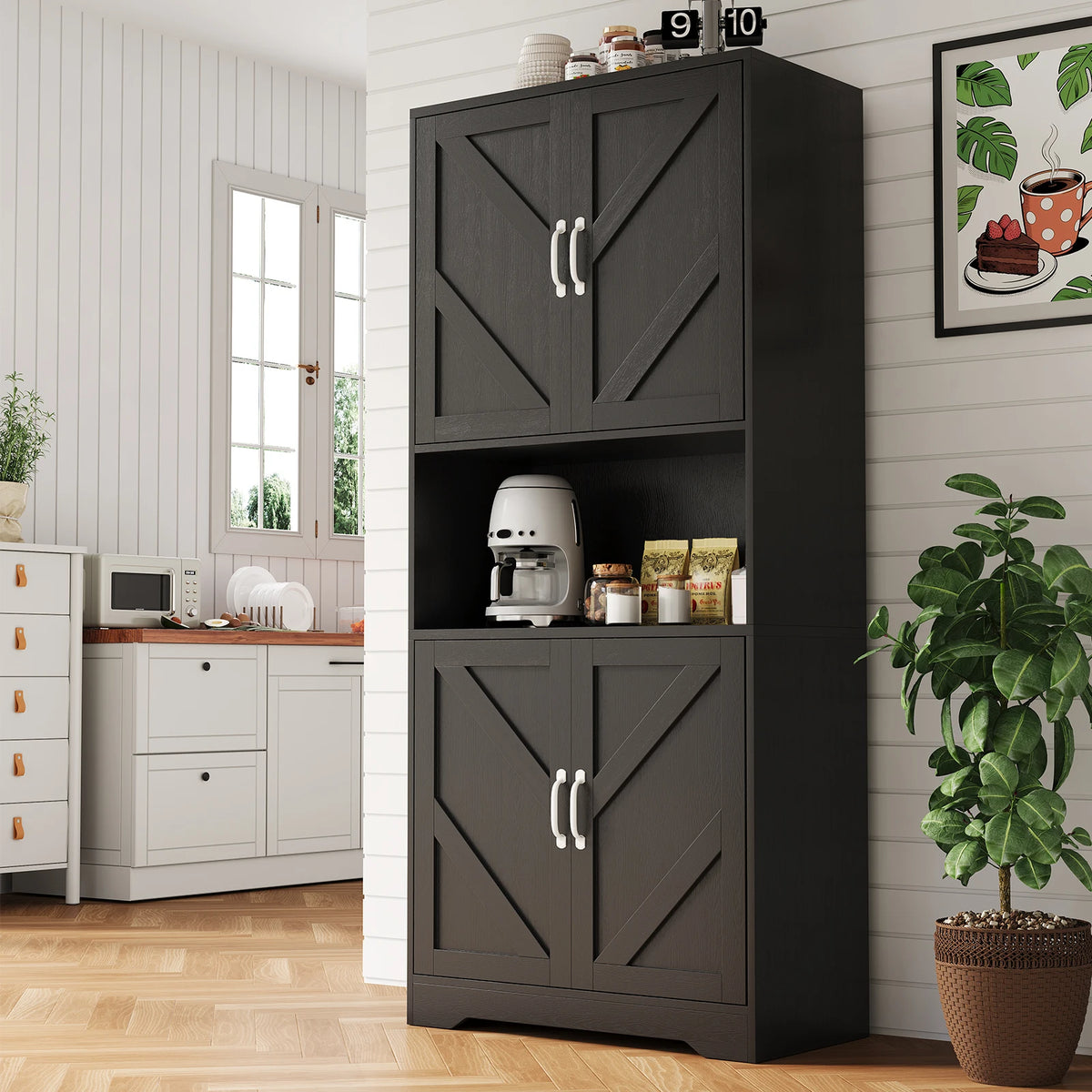 Farmhouse Kitchen Pantry Cabinet With Charging Station Drawer And Shelves