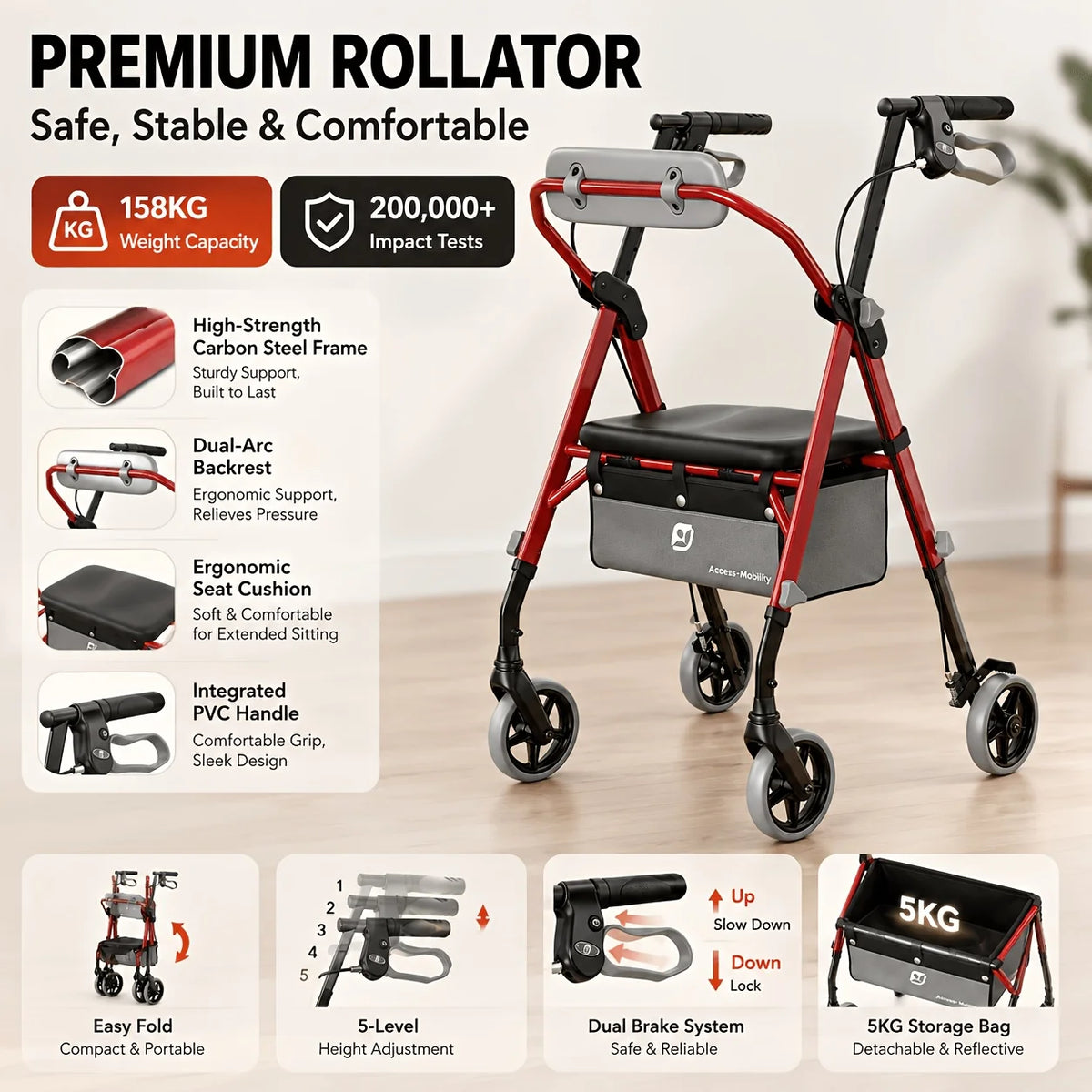 Maidesite Rollator Walker With Seat And Backrest For Seniors