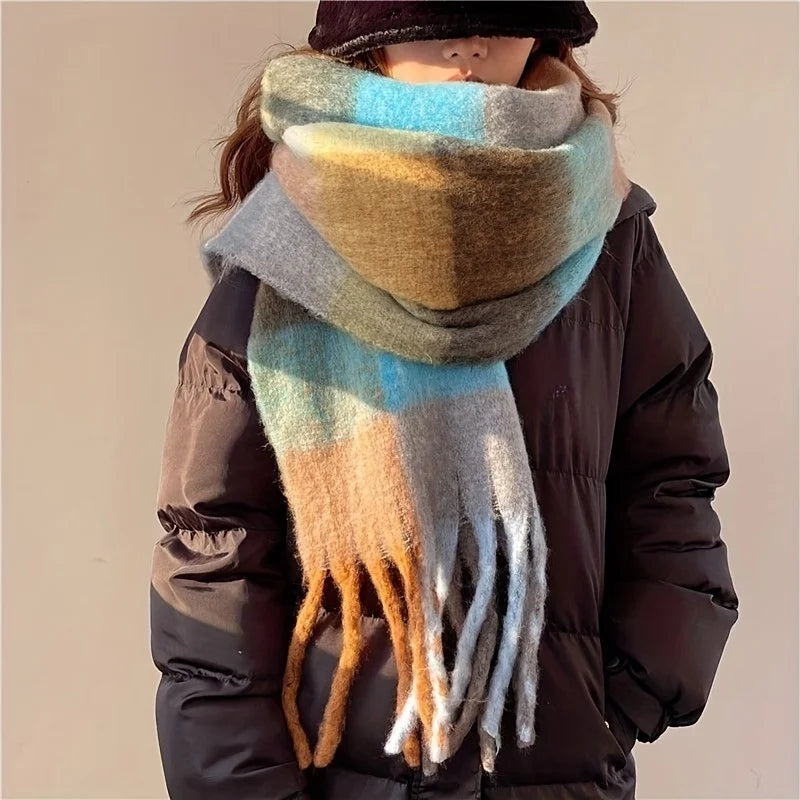 Boho Plaid Tassel Chunky Knit Scarf Shawl Neck Warmer