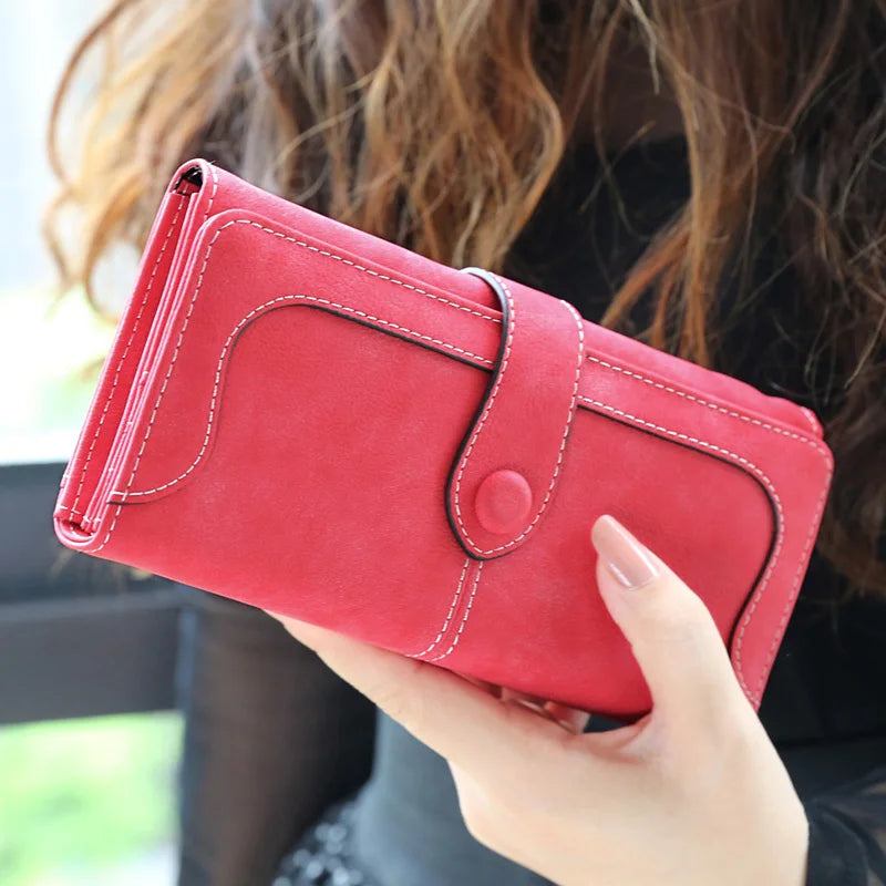 Nubuck Leather Long Wallet For Women Hasp Clutch Card Holder