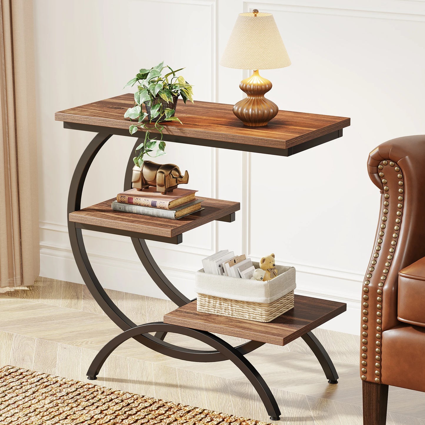 Tribesigns C Shaped End Table Industrial Three Tier Couch Table