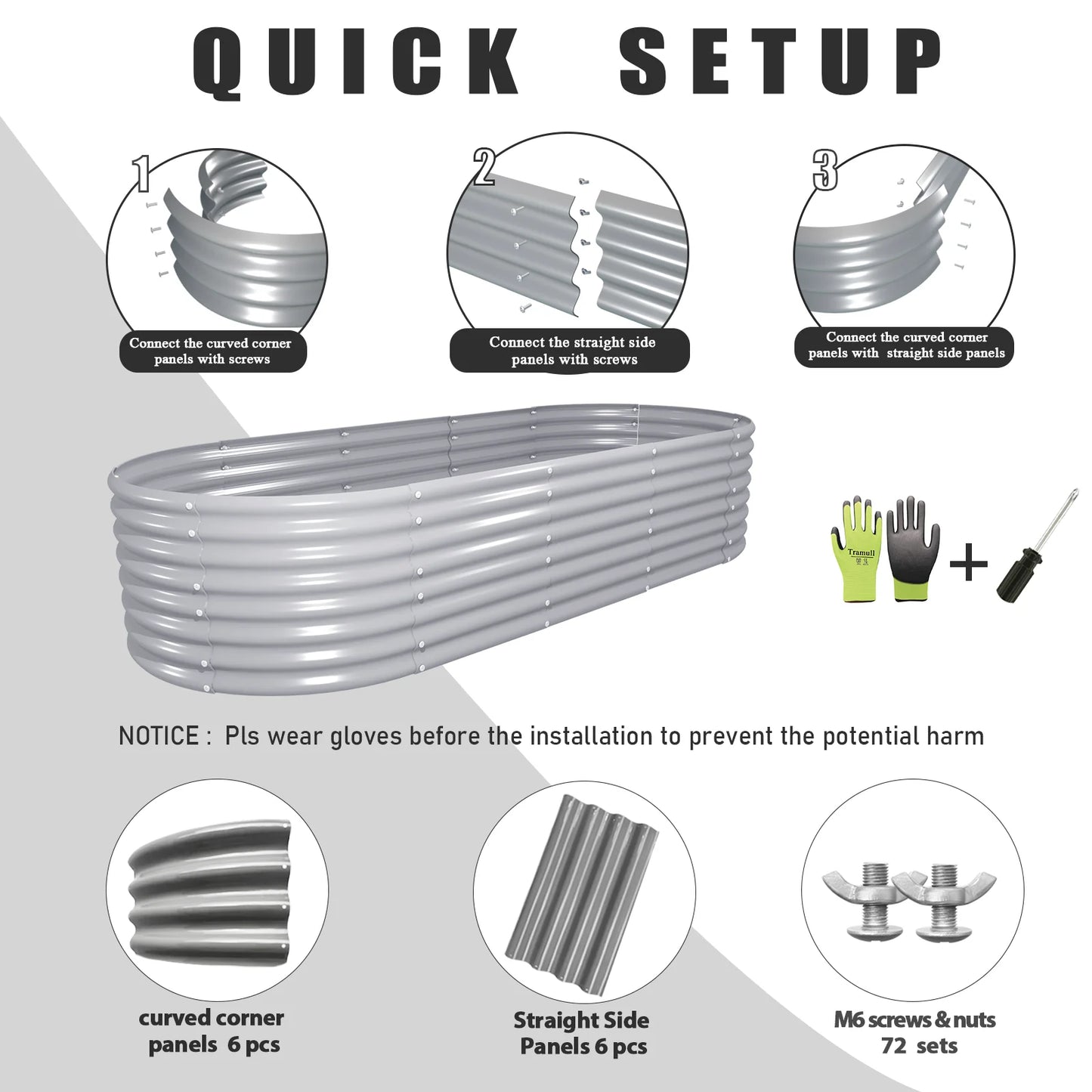 8x3x2FT Galvanized Raised Garden Bed Kit Oval Metal Ground Bottomless Planter Box Outdoor for Vegetables Flowers Herbs Fruits