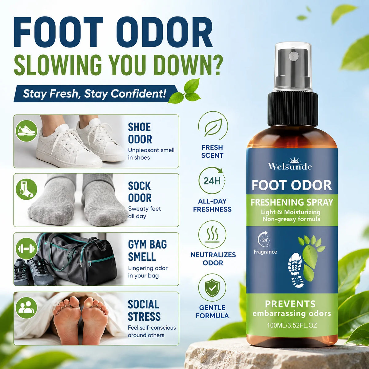 Welsunde Natural Foot And Shoe Odor Control Deodorant Spray