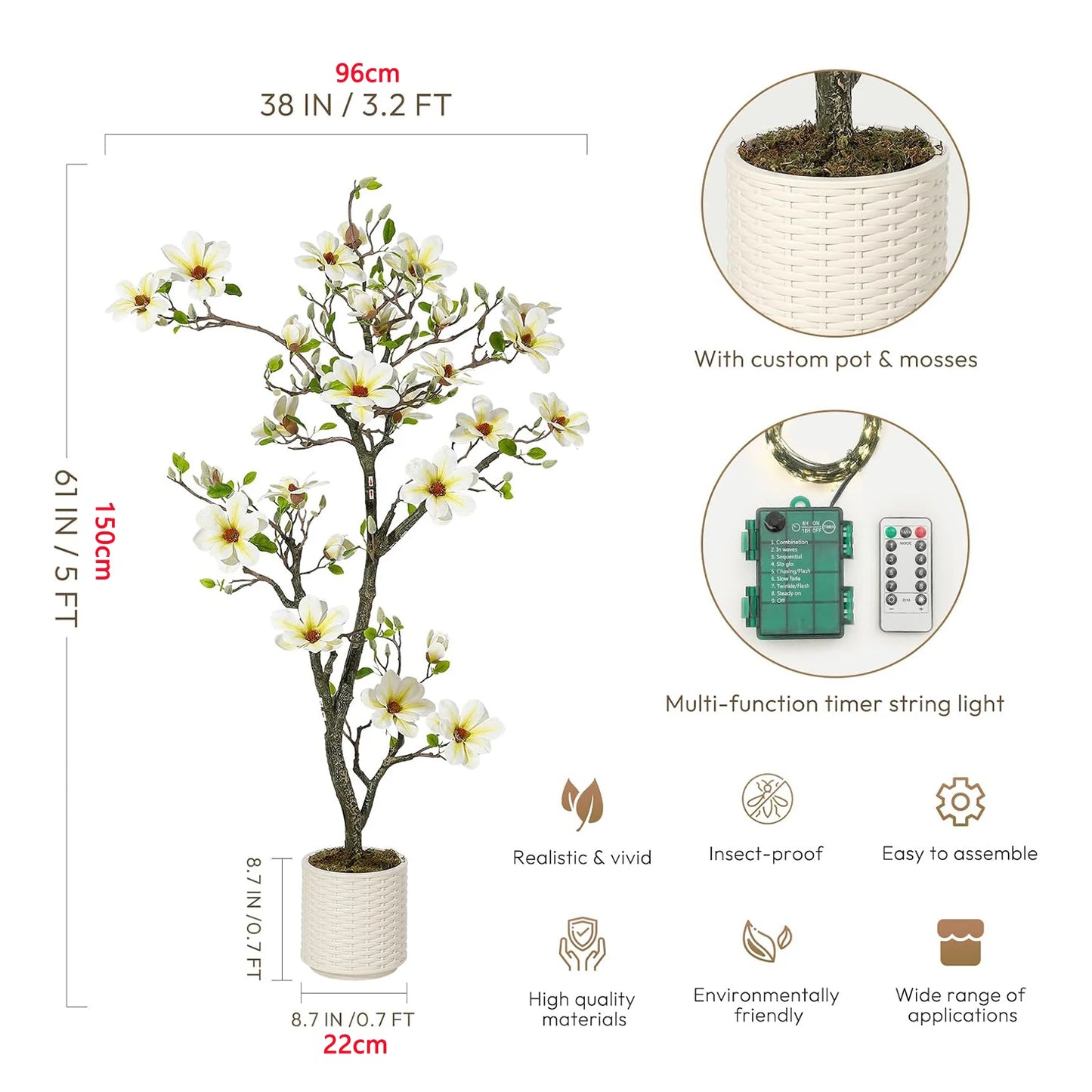 Artificial Magnolia Plant With LED Lights For Outdoor Patio Decor