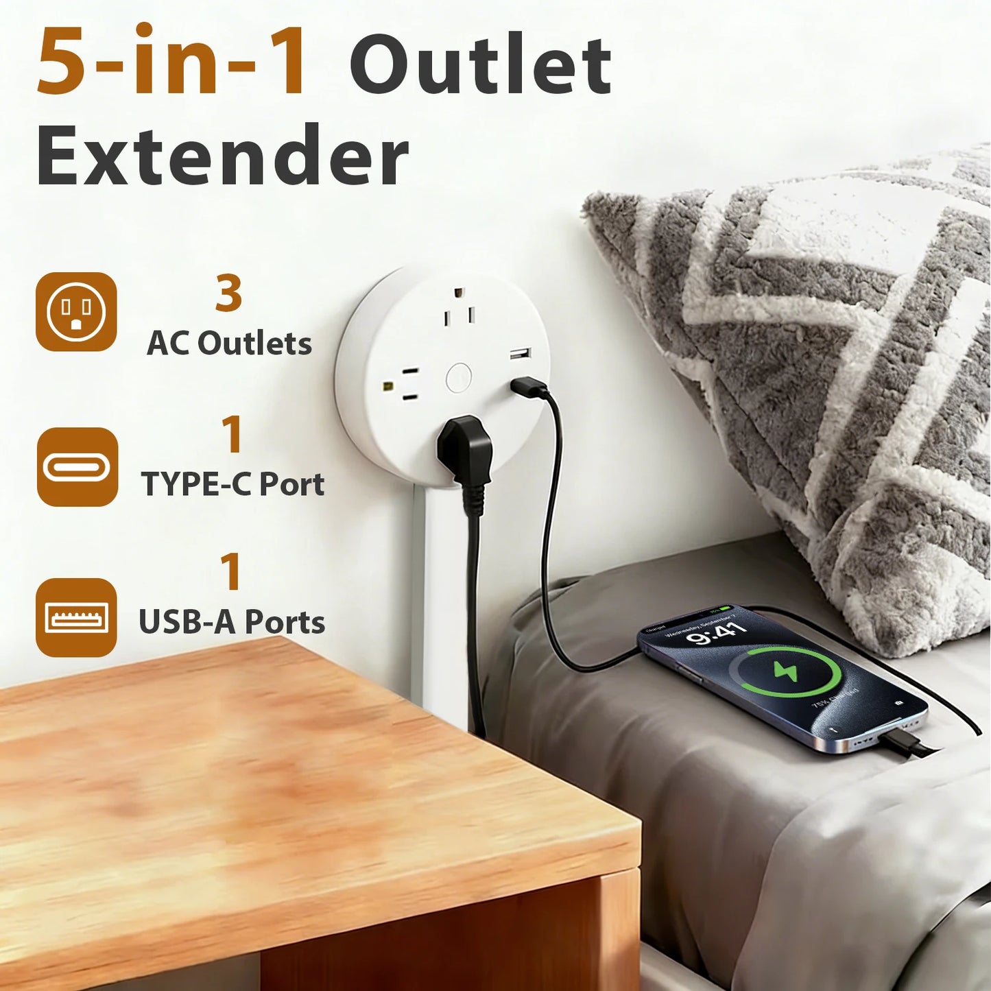 3 Retractable USB C Power Strip US Plug Wall Socket
