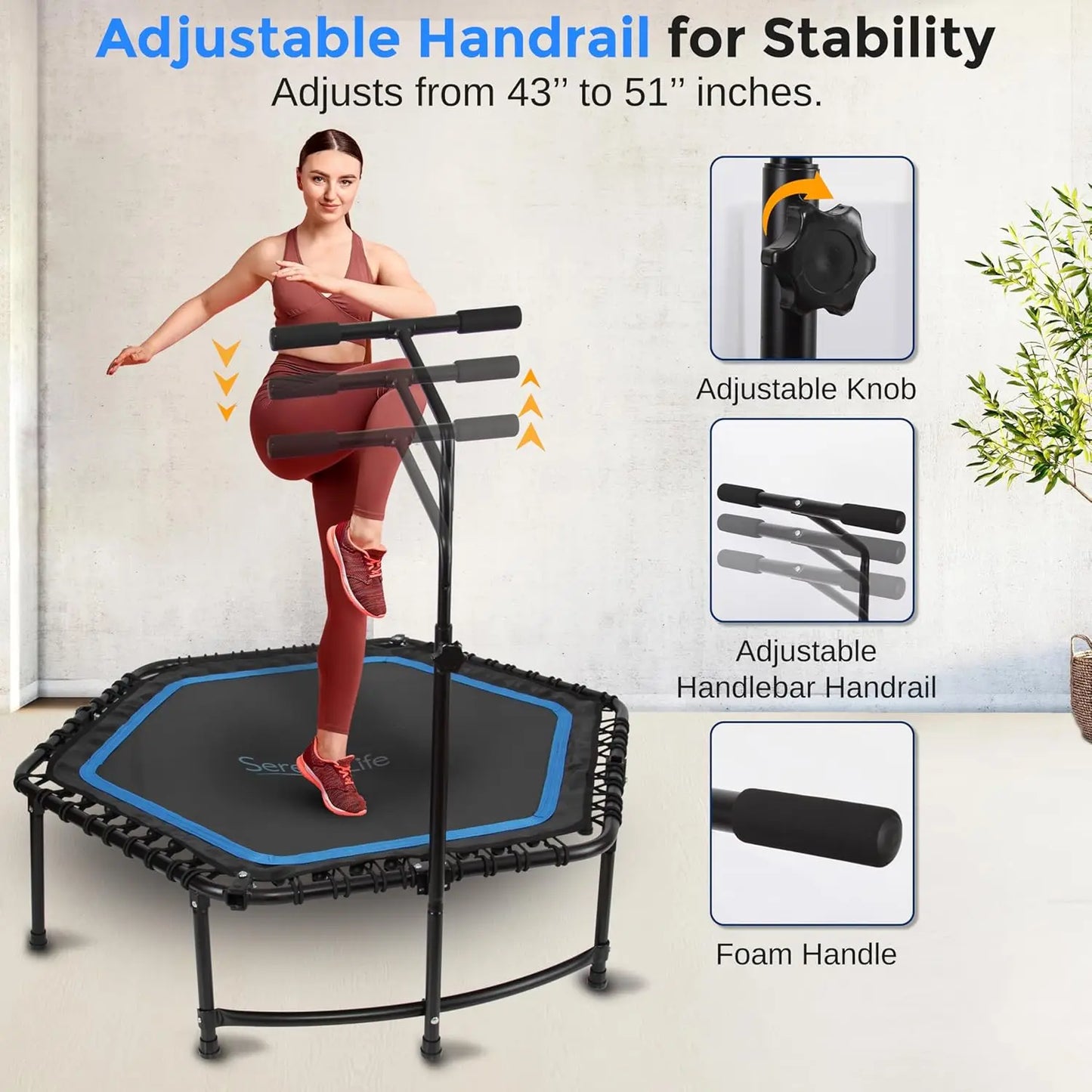 SereneLife 40"/50" Mini Trampoline for Adults - 450/550LBS Fitness Trampoline with Reinforced Springs & Adjustable Safety Handle
