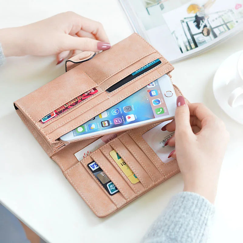 Nubuck Leather Long Wallet For Women Hasp Clutch Card Holder