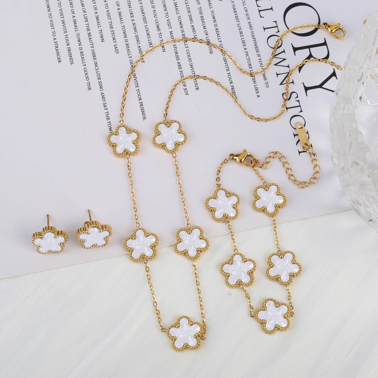 316L Stainless Steel Five Leaf Clover Jewelry Set Gold Plated