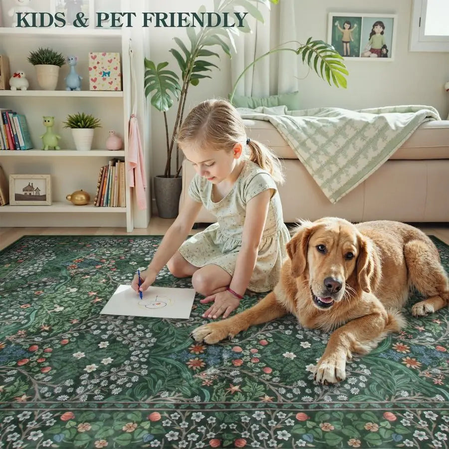 CozyNest Floral Washable Rugs 5x7 - Soft Green Boho Non Slip Low Pile Stain Resistant Carpet