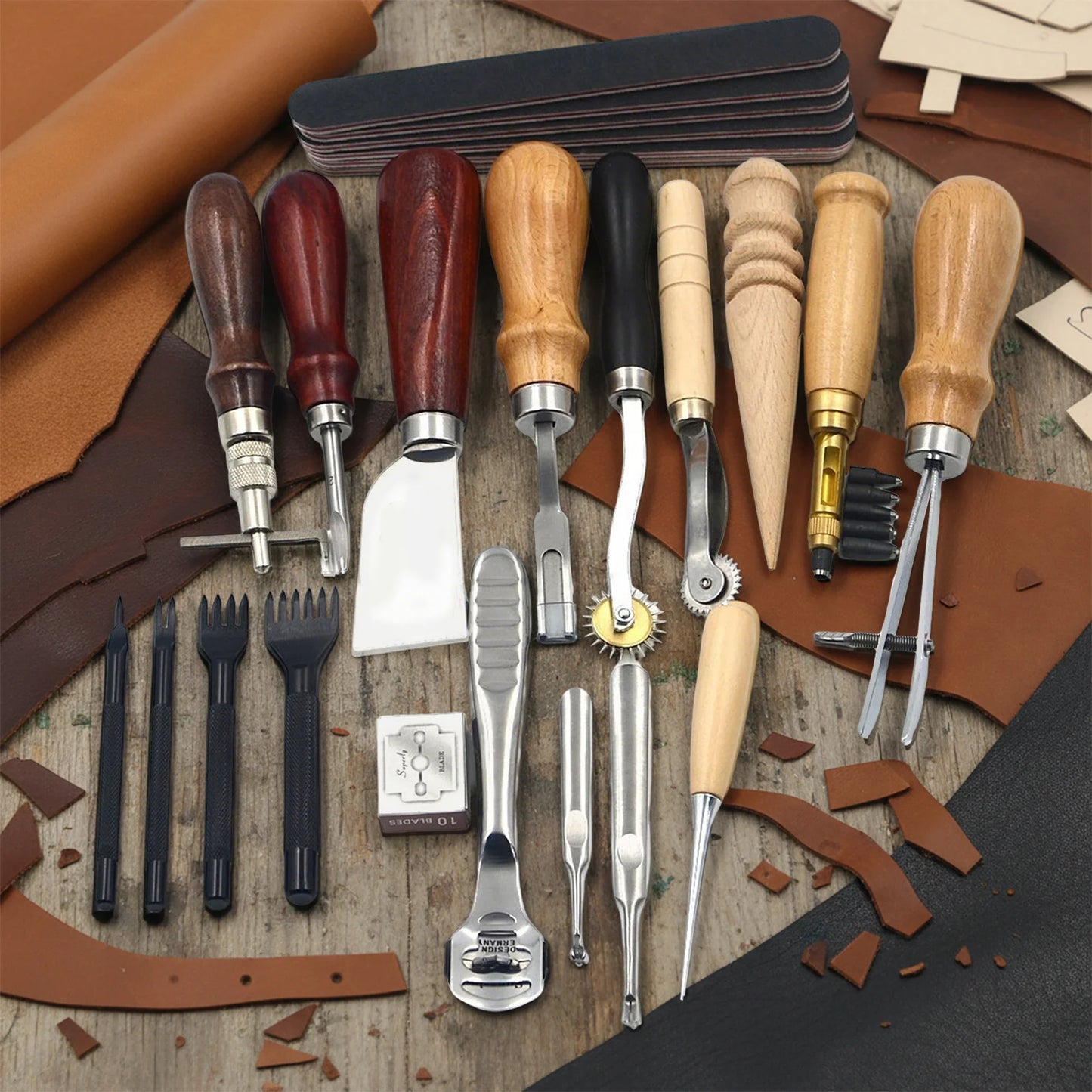 Bymaocar Leather Craft Tools Kit 19 Pcs Sewing Punching Cutting Set
