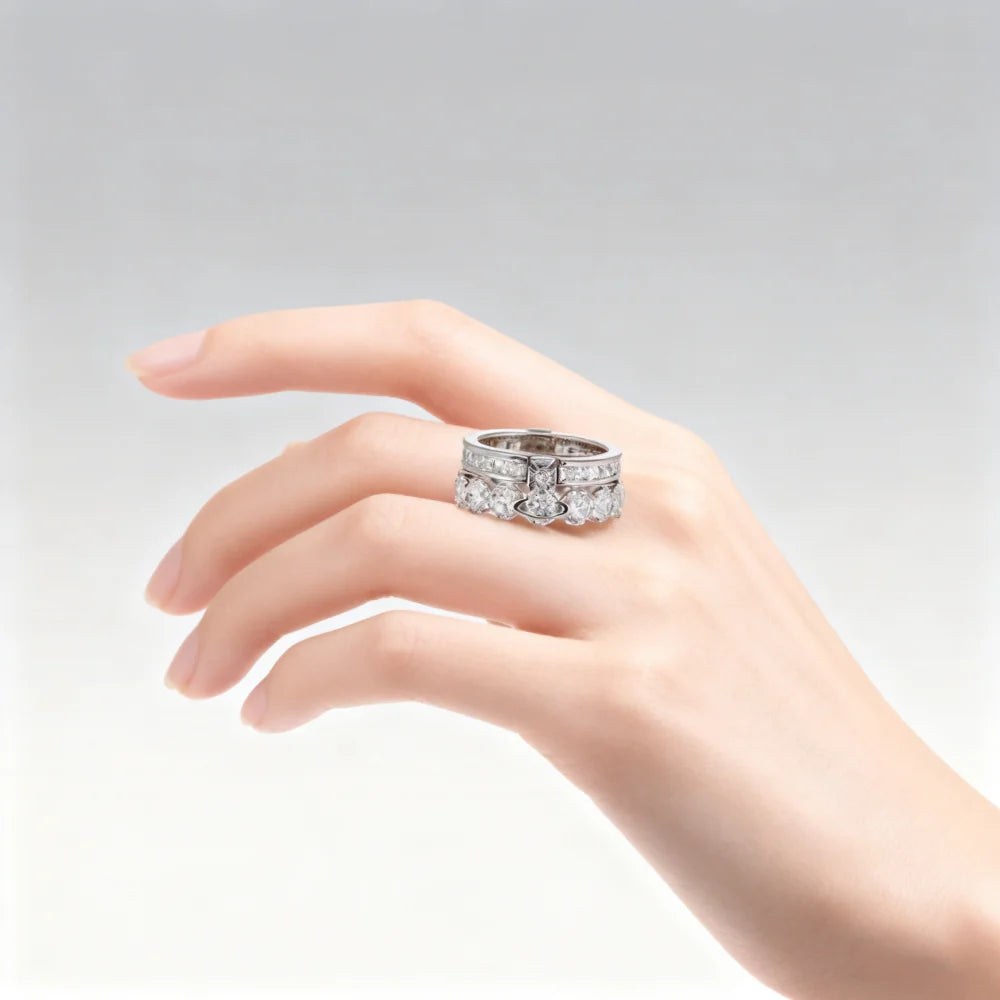 S925 Sterling Silver Detachable Double-layer Large Diamond Saturn Ring for Ladies