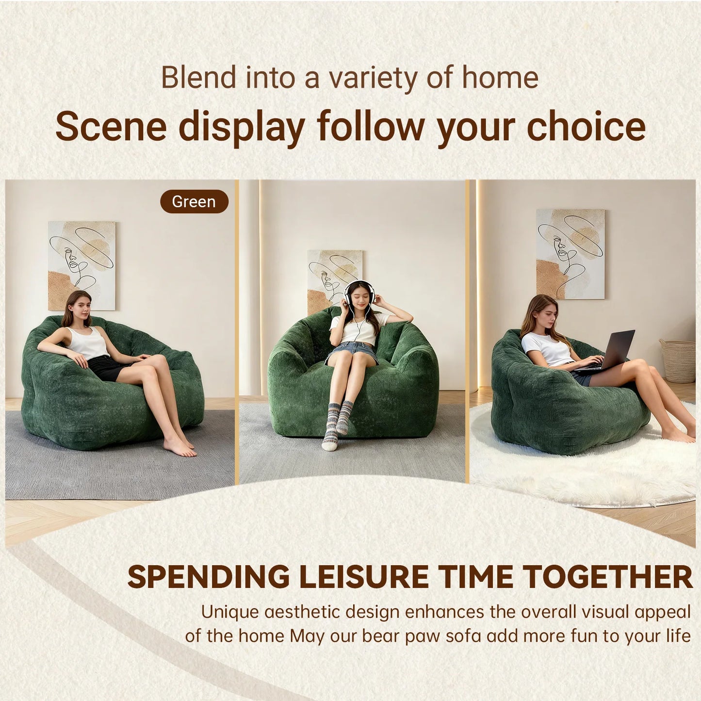 Adult Bean Bag Chair With Rabbit Fur Fabric And Memory Foam Reading Chair