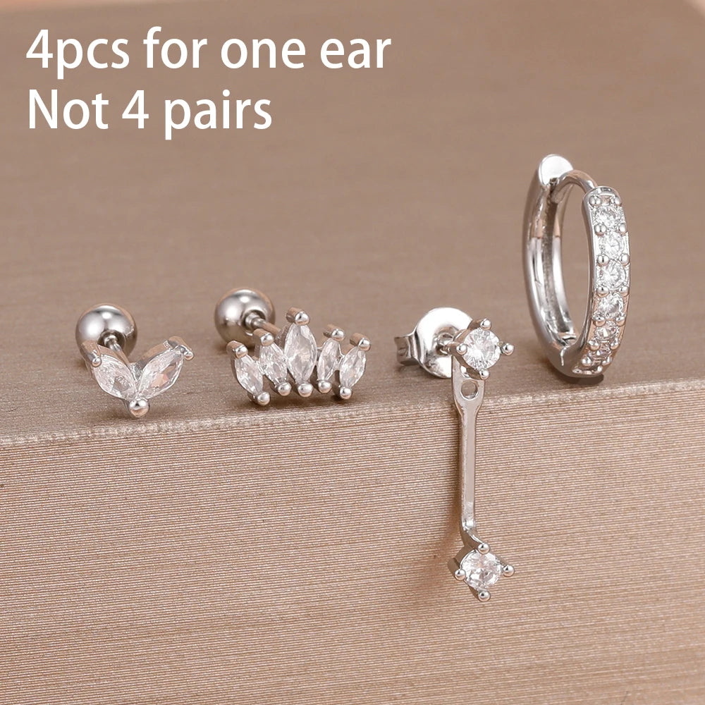 Korean Stainless Steel Zircon Water Drop Earrings Set for Women