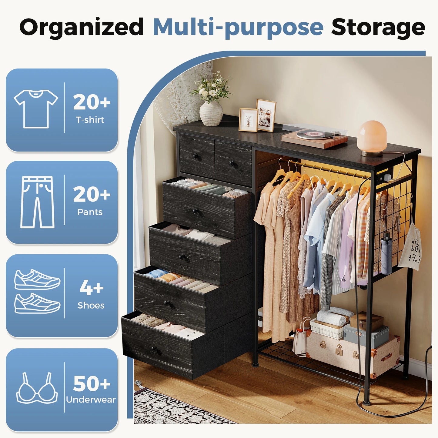 JHK 6 Drawer Fabric Dresser With Charging Station LED Lights