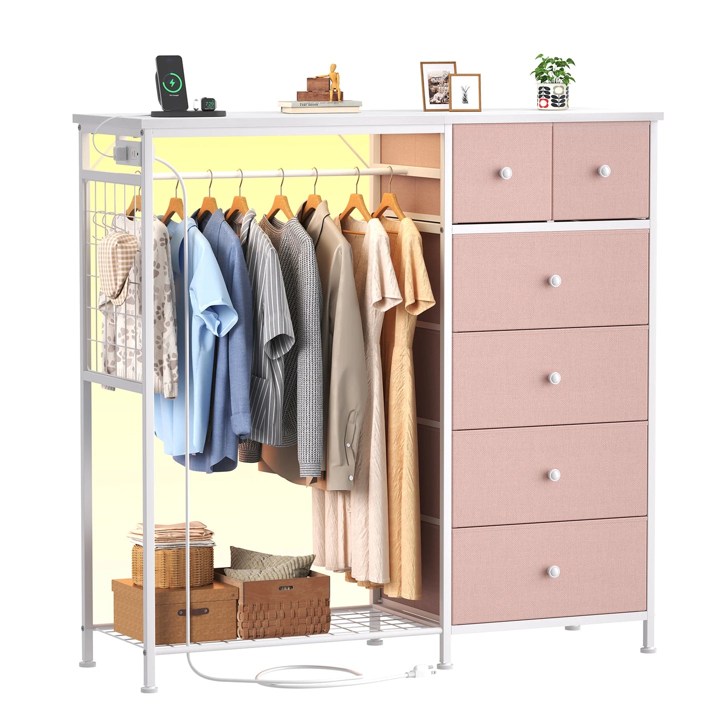 JHK 6 Drawer Fabric Dresser With Charging Station LED Lights