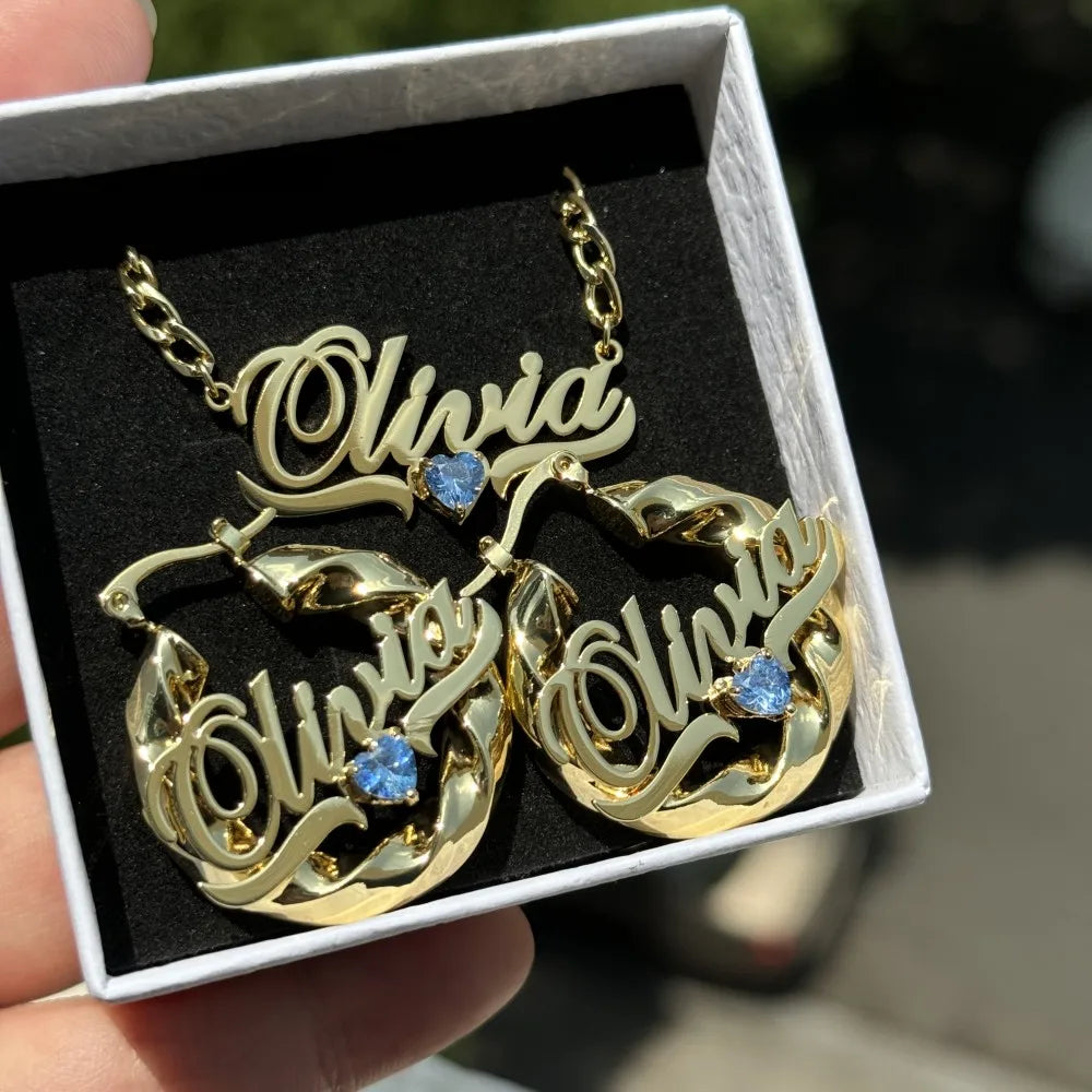 DUOYING Birthstone Jewelry Set Custom Nameplate Pendant Necklace Hoop Earrings