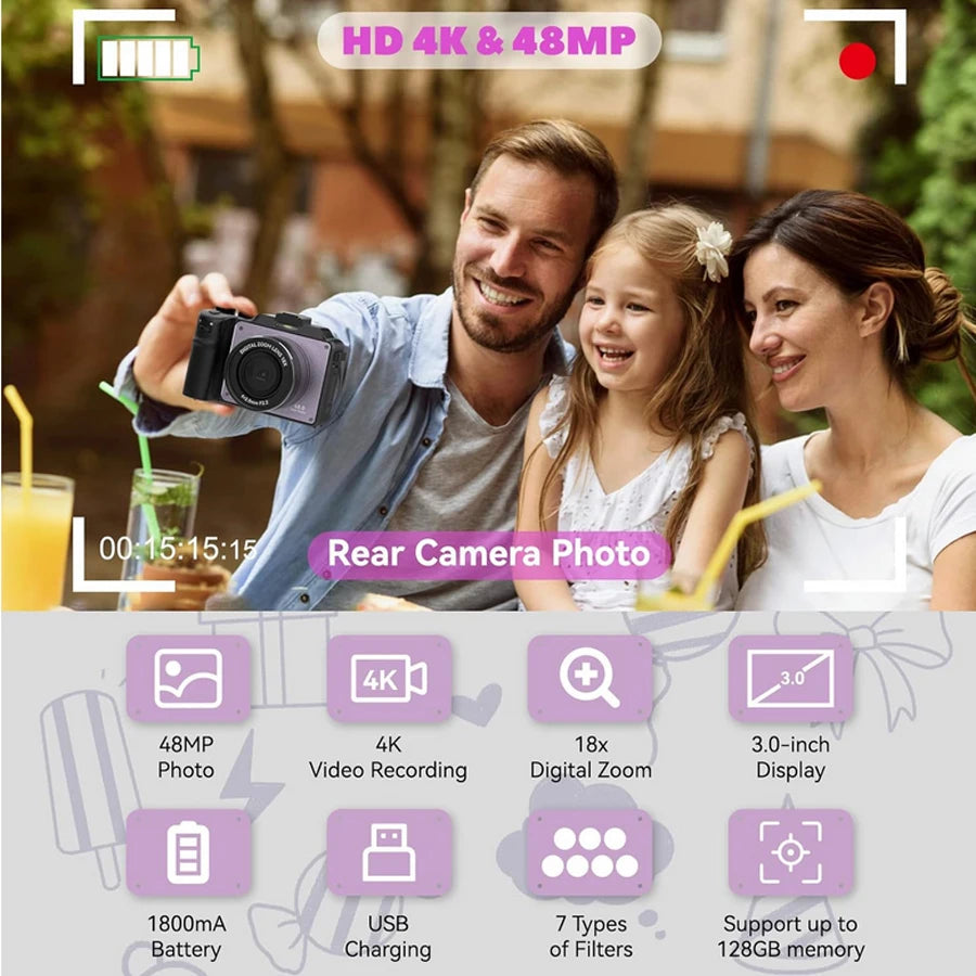 48MP 4K Digital Camera With Dual Cameras And 18x Zoom