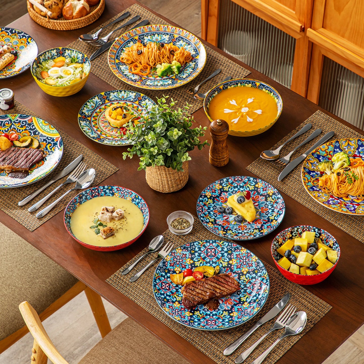 MALACASA Stoneware Dinnerware Set Bohemian Style For Six