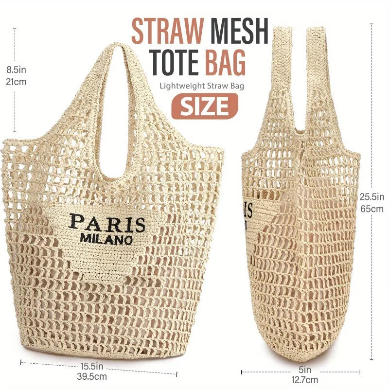 Straw Mesh Tote Bag For Women Crossbody Foldable Shoulder Purse